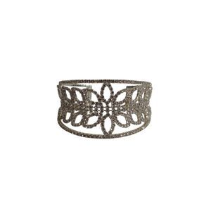 Silver Toned Floral Design Rhinestone Encrusted Flexible Cuff Statement Bracelet